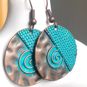 Artsy Copper Turquoise Patina Spiral Hammered Boho Southwestern Dangle Earrings